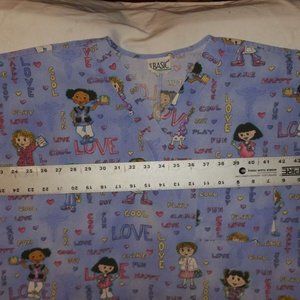 2 SIMPLY BASIC SCRUBS TOP BLUE & CARTOON GIRL PRINT & HEART FLORAL ASO 00033